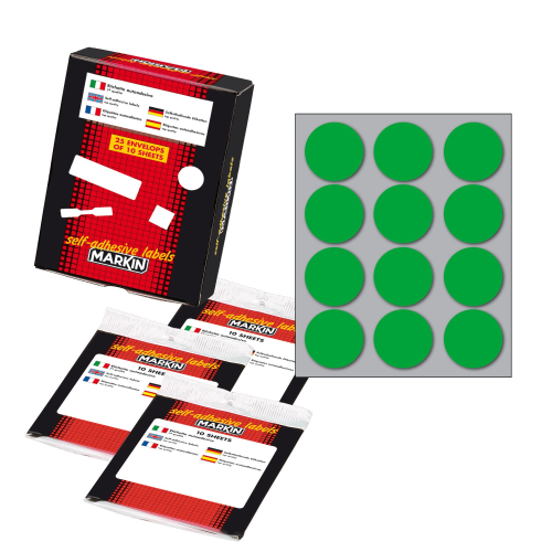 Etichetta adesiva verde tonda D34mm (10fogli x 12etichette Markin